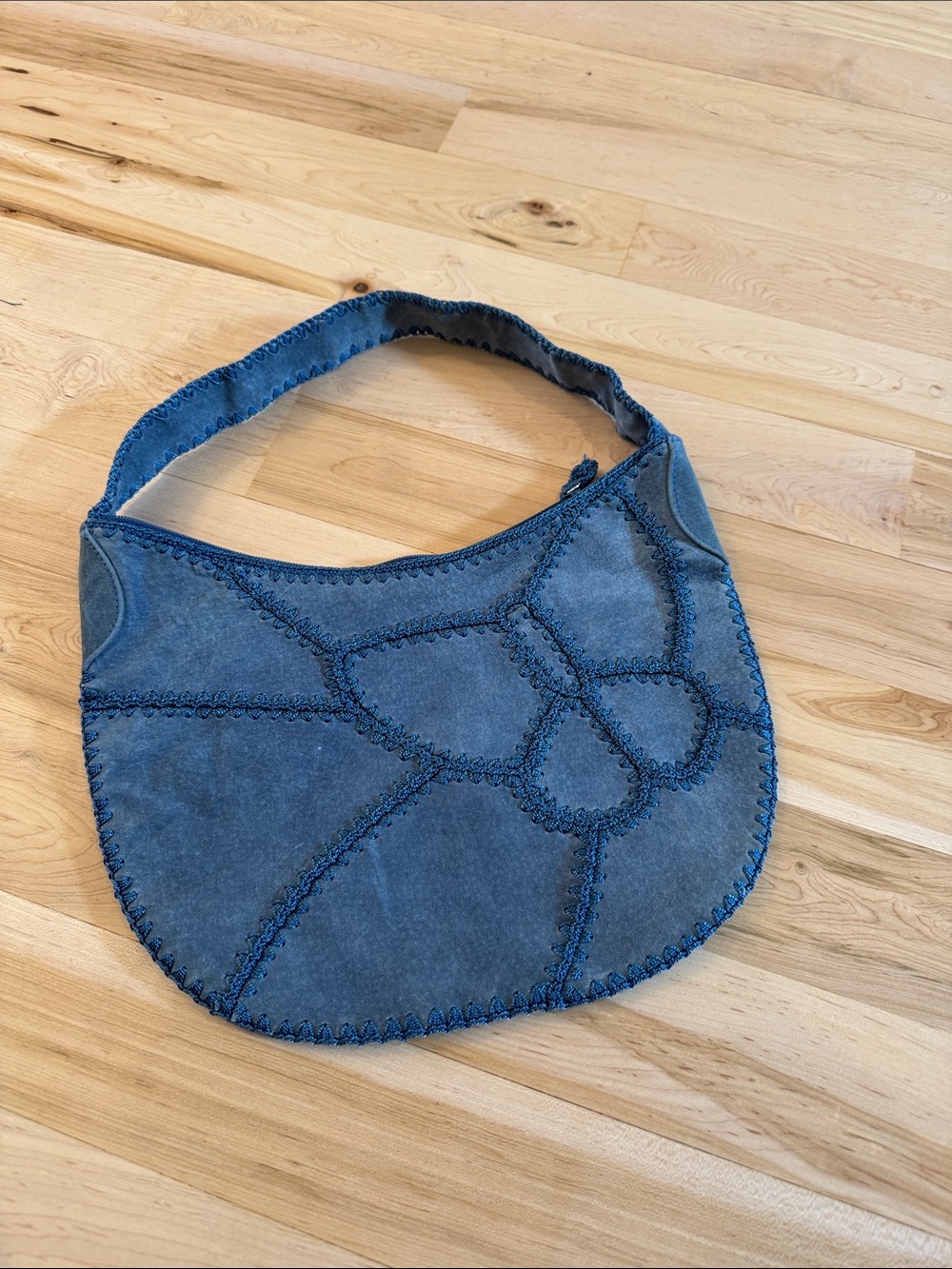 Y2K-blue suede patchwork shoulder bag purse-Butterfly-Boho-Hippie-Read